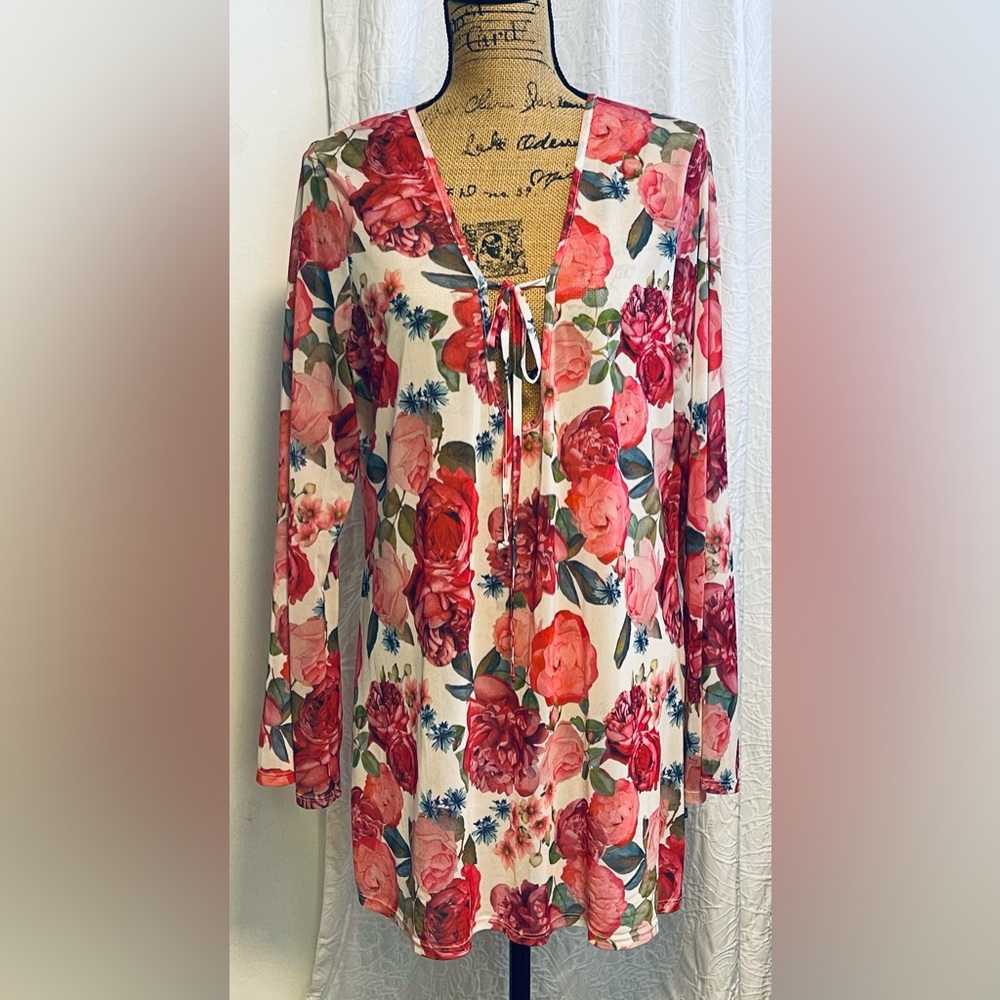 La Vie En Rose Aqua Sheer Floral Swim Beach Coverup Size Large